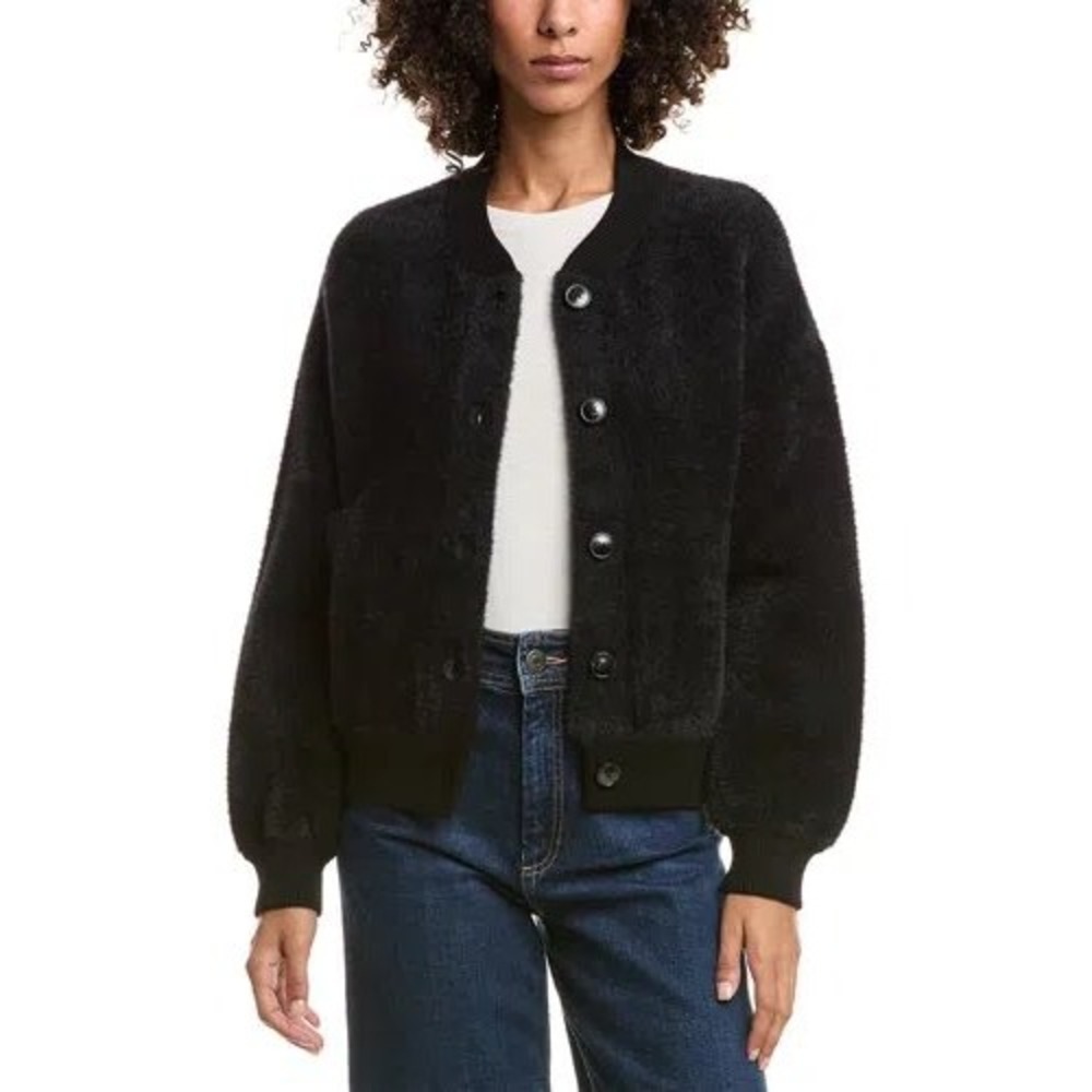 bella dahl Black Fuzzy Bomber Cardigan Button Up Jacket Women's Size S